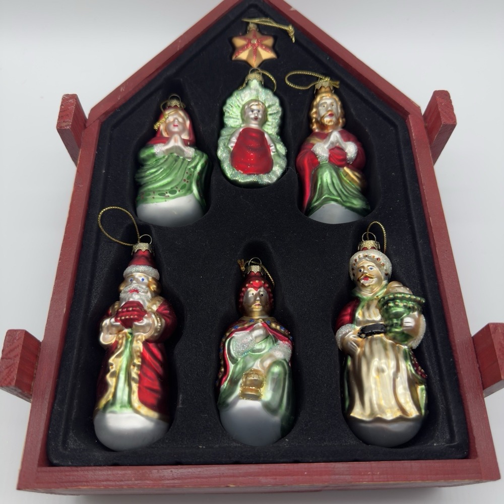 Mikasa Nativity Handblown Christmas Ornaments In Wooden Box Holiday Glass Vintag